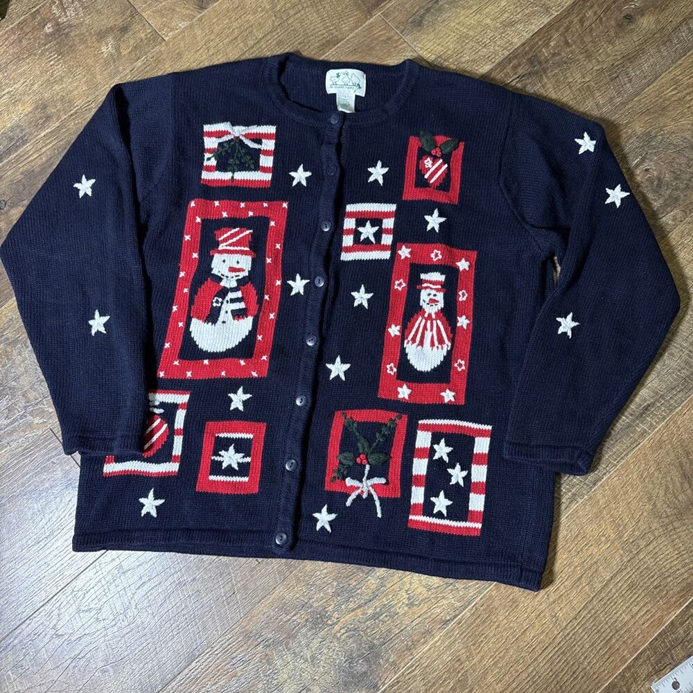 VTG Womens Quacker Factory Christmas Snowman Stars Button Up Sweater Size L Nice